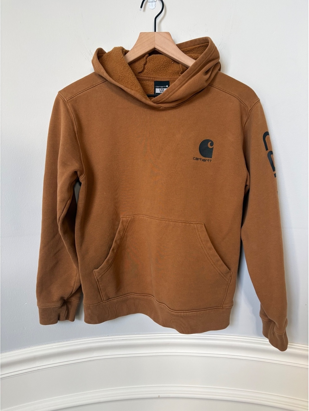 Carhartt Boy’s Large Brown Hooded Sweatshirt Fleece Lined Cotton Polyester Blend